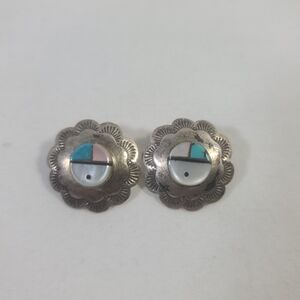STC Native American Navajo Zuni Mother Of Pearl Turquoise Inlay 925 Earrings